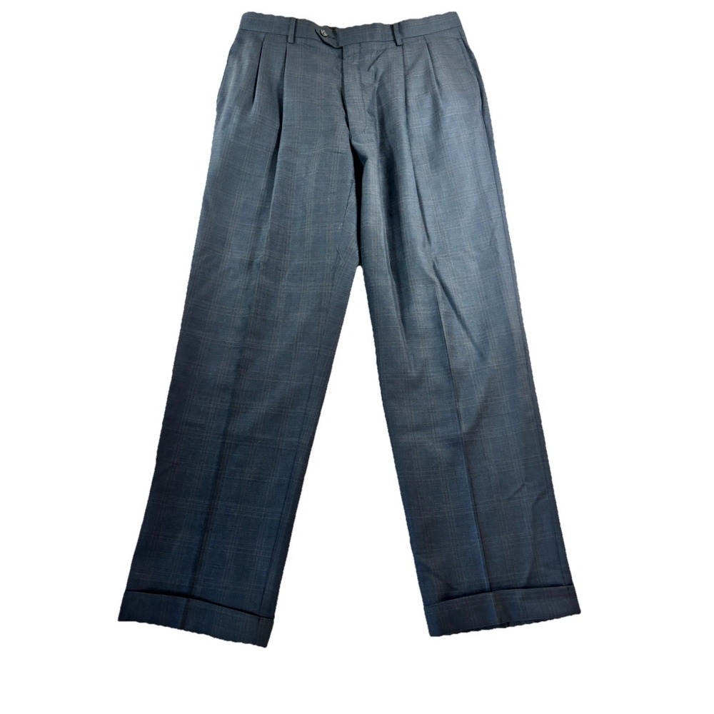 Jos A Bank Mens 34x31 Wool Windowpane Navy Dress Pants Trousers Pleated Cuffed